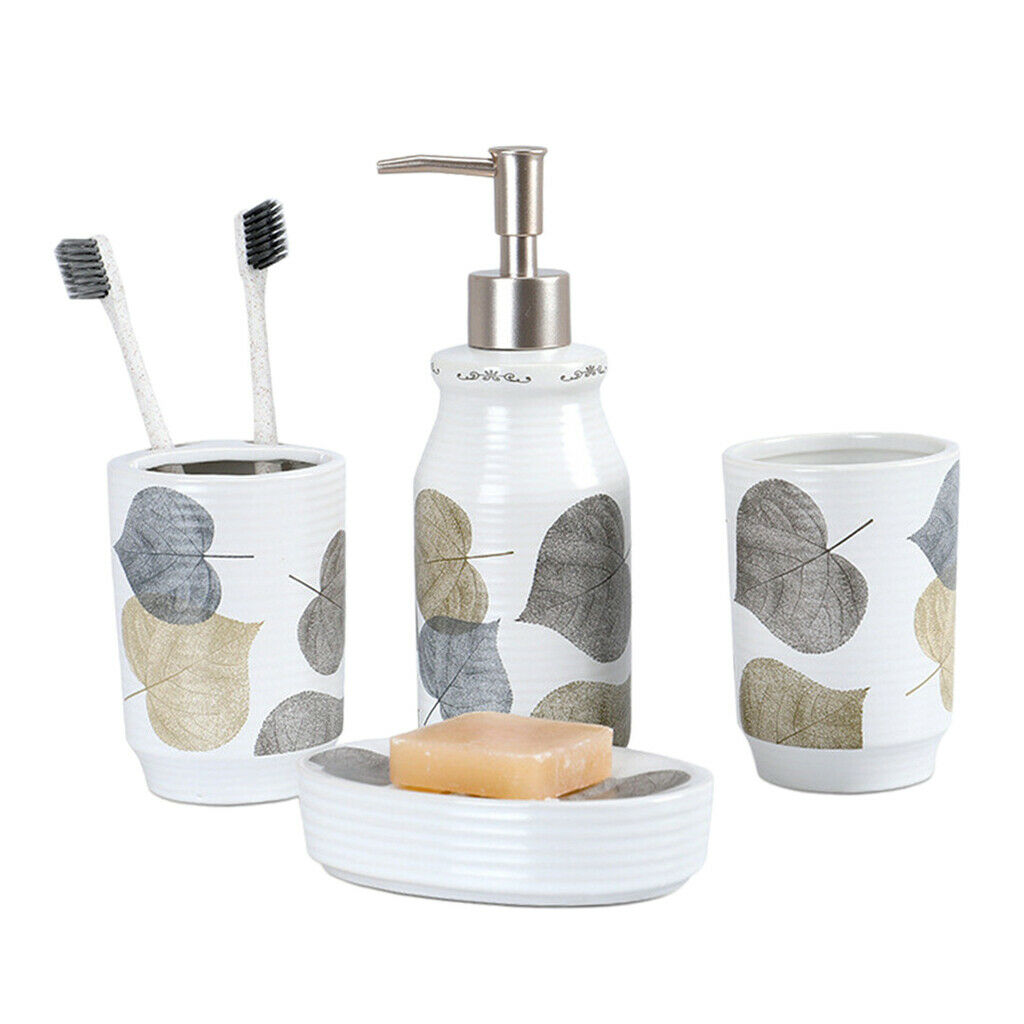 4 Pcs Autumn Leaves Bathroom Toothbrush Holder Tumbler Soap Dish White