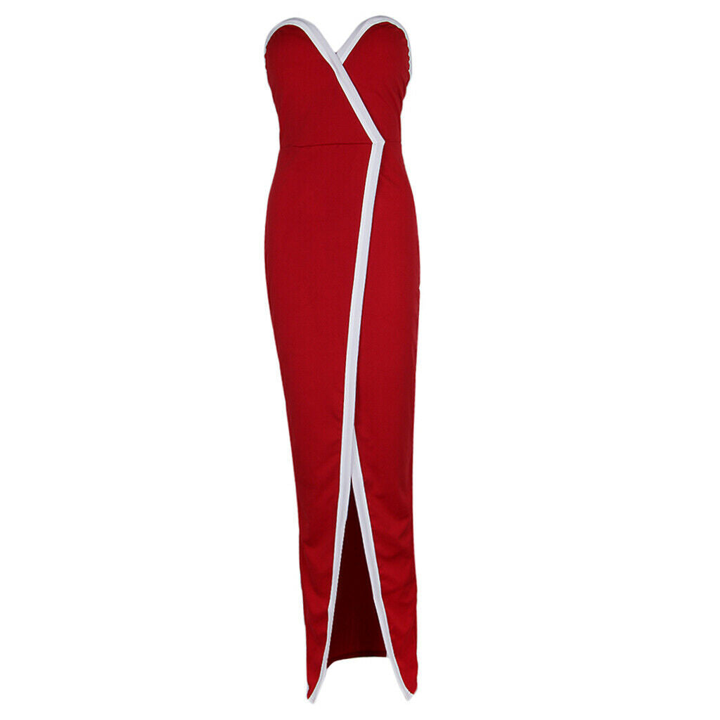 Women Off Shoulder Front Split Stripe Bodycon Clubwear Party Dress S Red