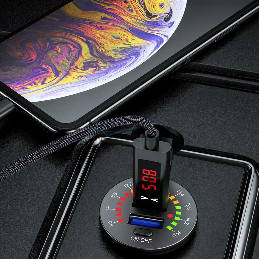1PC QC 3.0 Car Dual USB Charger Adapter Black W/ LED Voltmeter Switch Waterproof