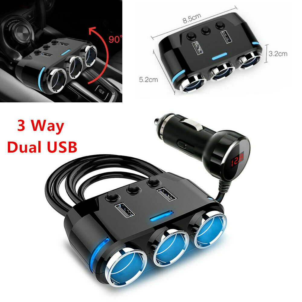 3 Way Cigarette Lighter Socket Splitter Power Adapter Dual USB Car Phone Charger