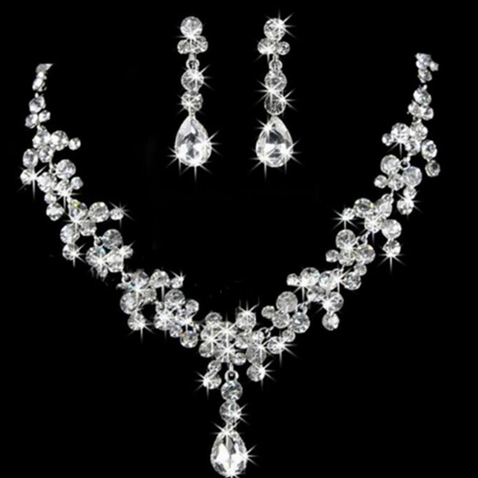 Bridal Wedding Rhinestone Crystal Cubic Necklace Earrings Jewelry Set Party