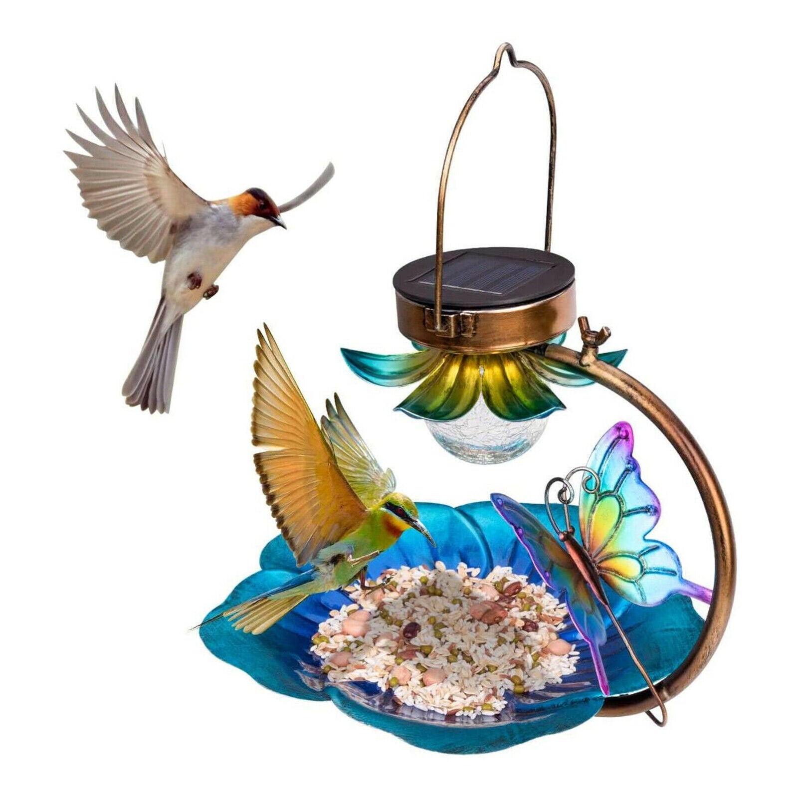 Solar Light Bird Feeder Bowl Outside Garden Decor LED Patio Bird Feeding