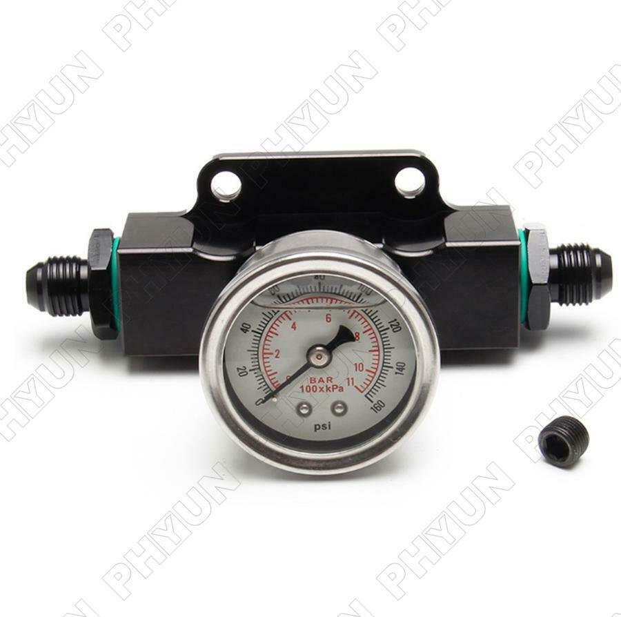 Universal Inline 6 AN AN6 Fuel Filter w/ 1 / 8 NPT Pressure Gauge Black Billet