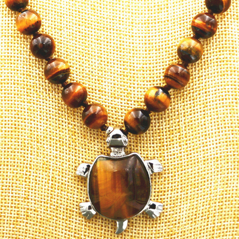 18" Beautiful 10mm African Roar Tiger's Eye Turtle Pendant Necklace AAA