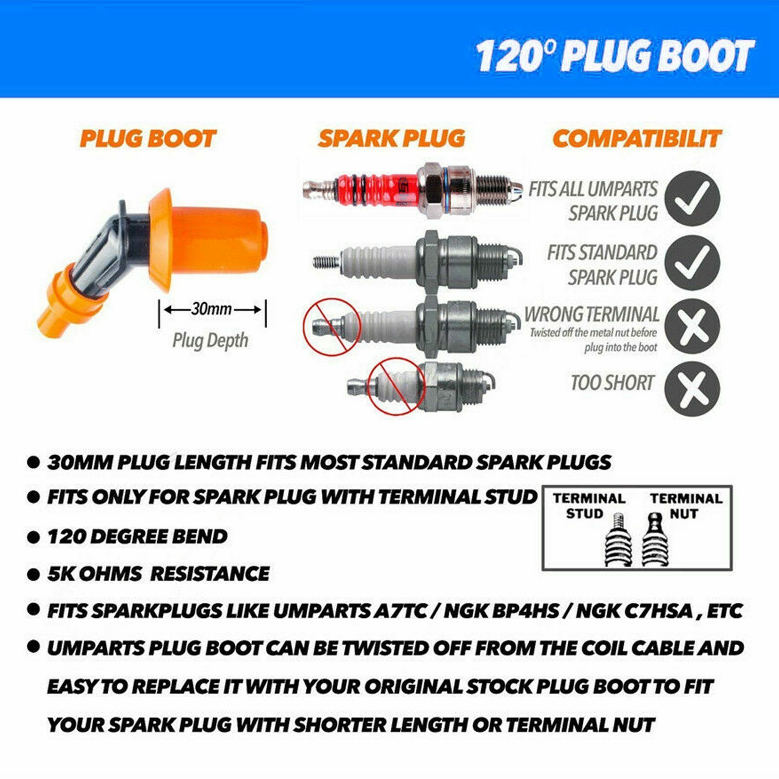 Spark Plug+Ignition Coil+Racing CDI Box 5 Pin for 50-160cc 4-Stroke ATVs Quad