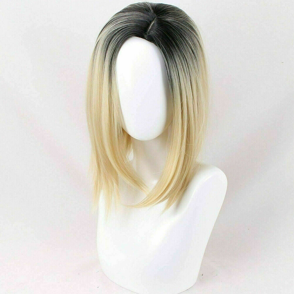 Short Straight Ombre Blonde Bob Dark Roots Women's Lady Hair Wig Full Wigs + Cap
