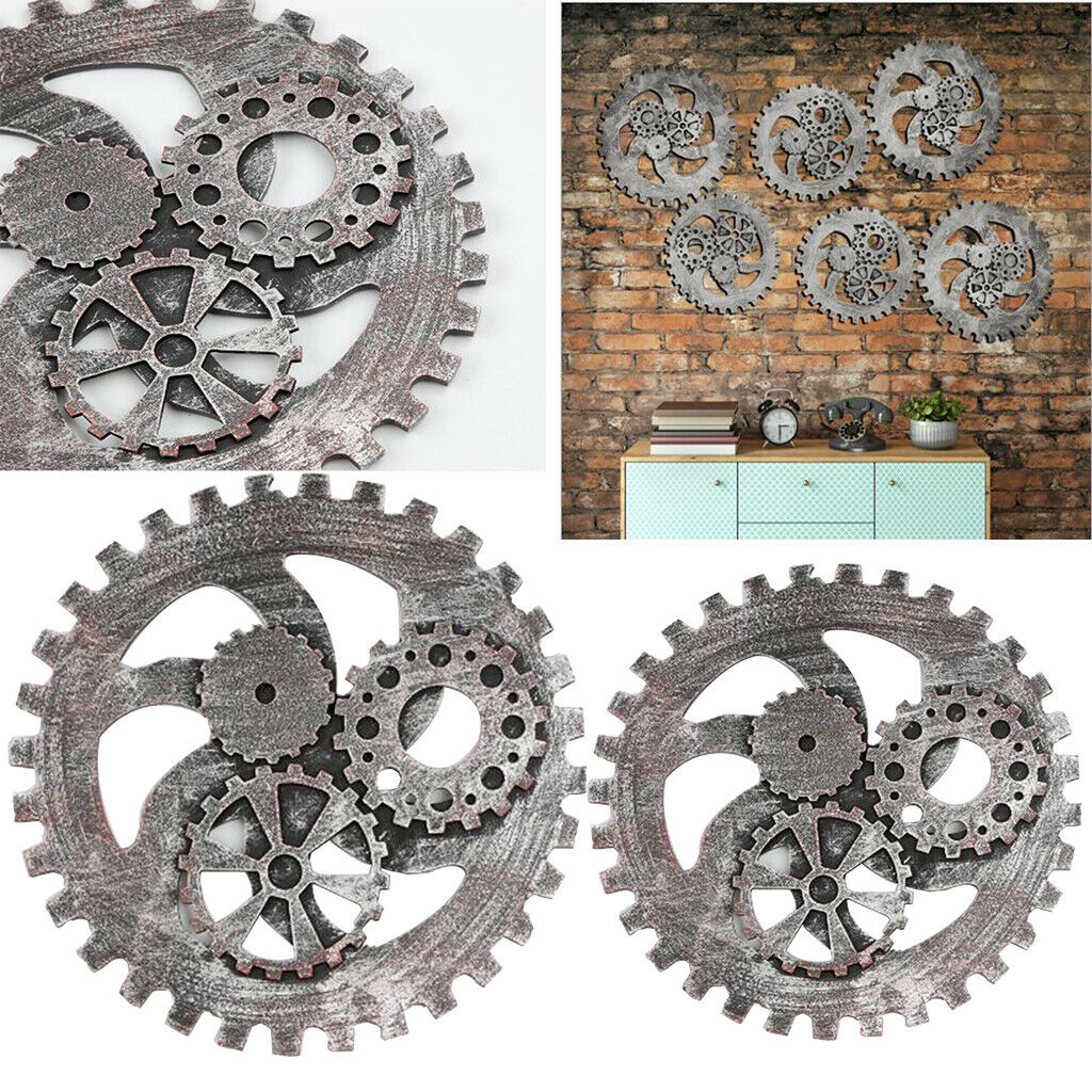 2 Pcs Industrial Style Wooden Machine Gear Wall Decor Background for Cafe Shop