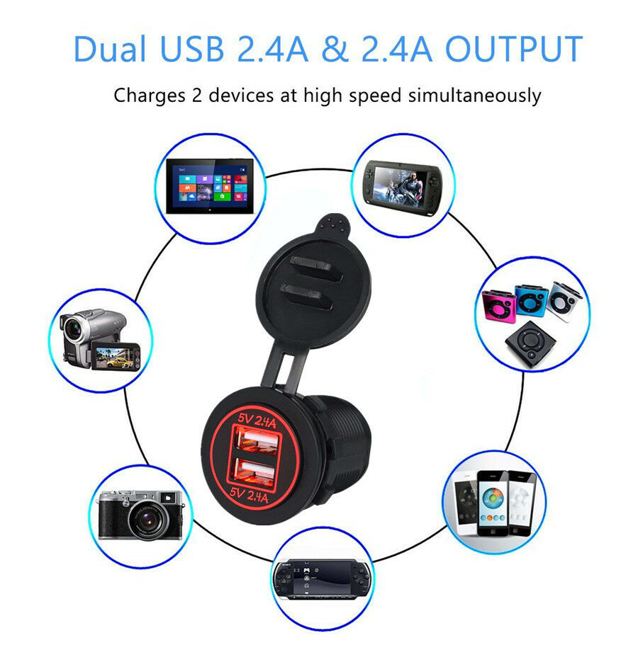 12V Waterproof Dual 2.4A USB Charger Socket Power Outlet Red LED For Motorcycles