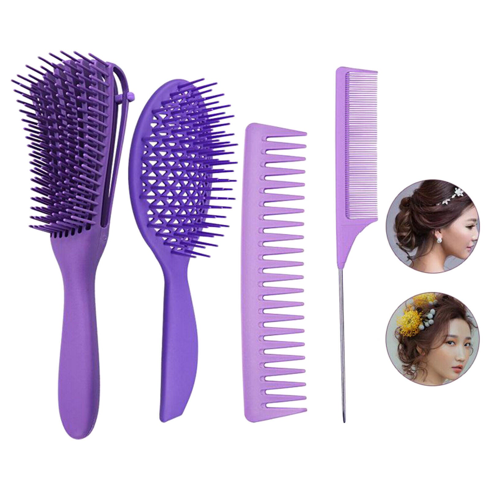4x Salon Hair Styling Plastic Barbers Brush Combs Set for Long Hair Purple