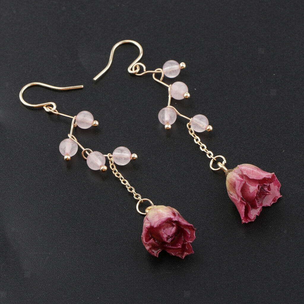 Boho Drop Dangle Dried Rose Flower Earrings Ear Studs Womens Ear Jewelry