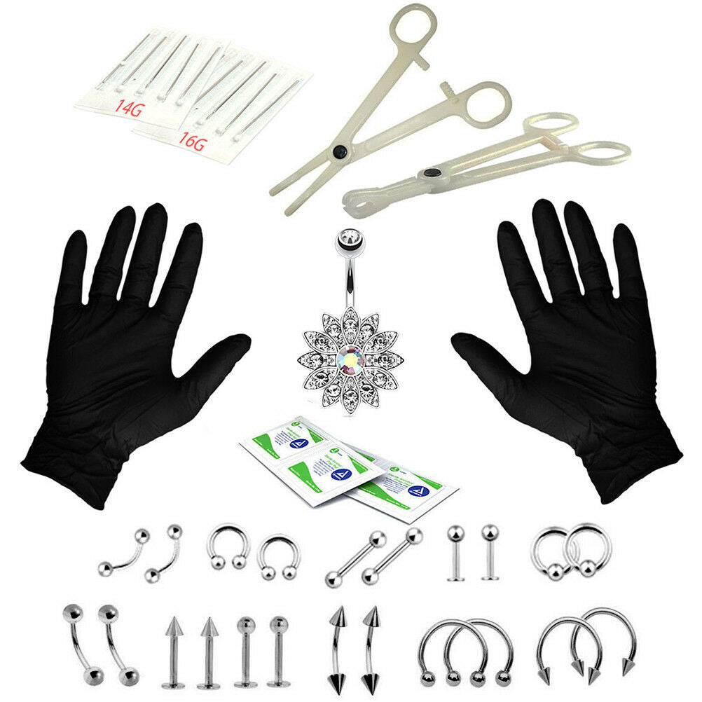 41PCS Professional Body Piercing Tool Kit Ear Nose Navel Nipple Needles Set DF
