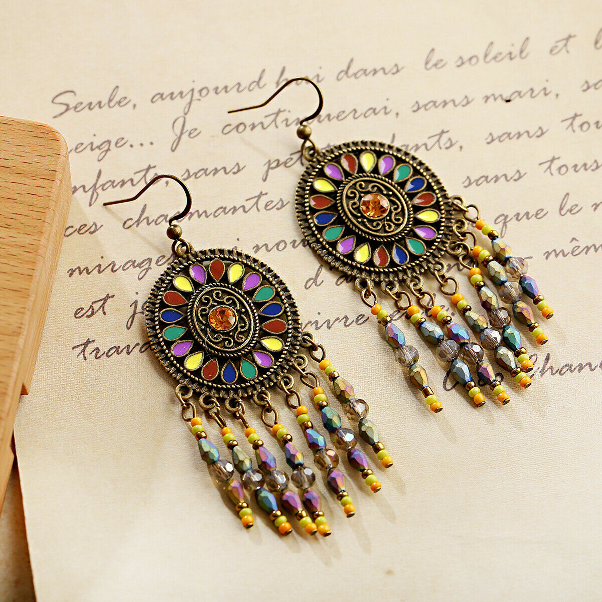 7 Colors Round Crystal Circle Dangle Tassel Women Bohemia Jewelry Hook Earrings