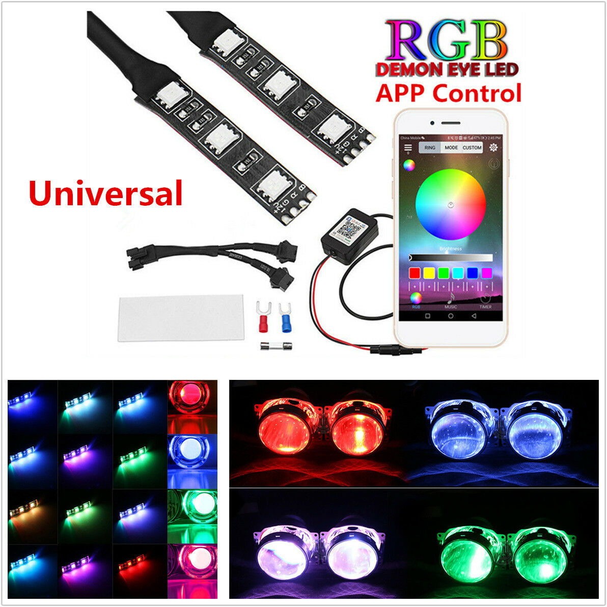 2x Universal RGB Demon Devil Eyes LED Wireless App Control For Car Headlight 12V