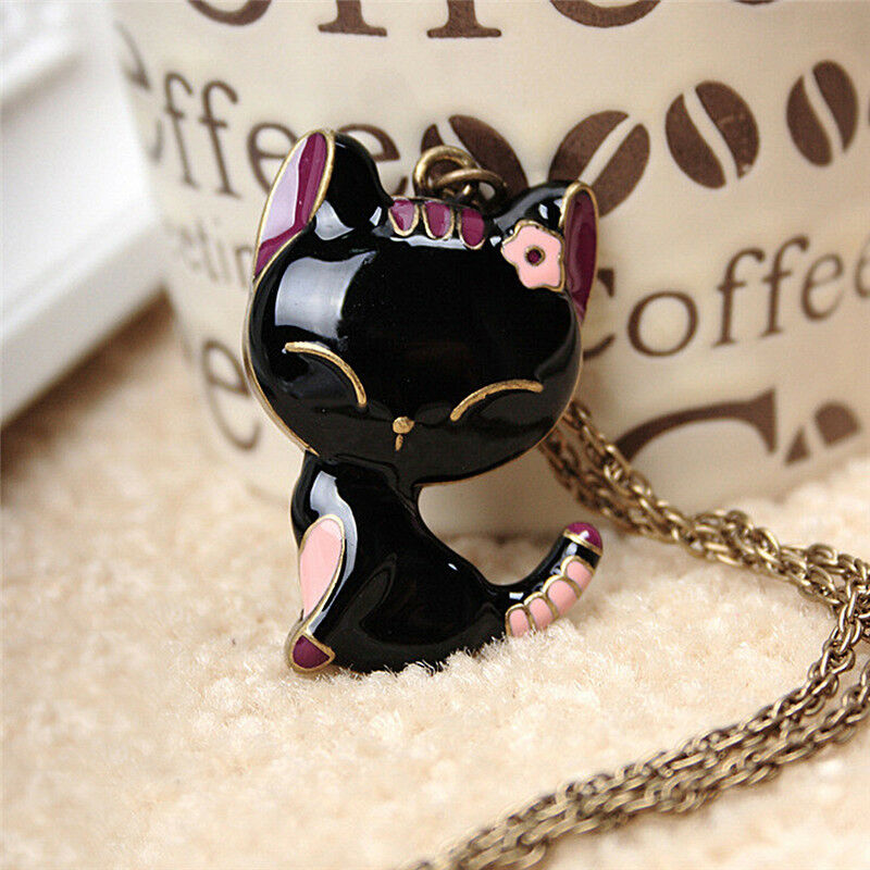 Retro Jewelry Black Drip Paint Smile Cat Pendant Necklace Long Necklac.l8