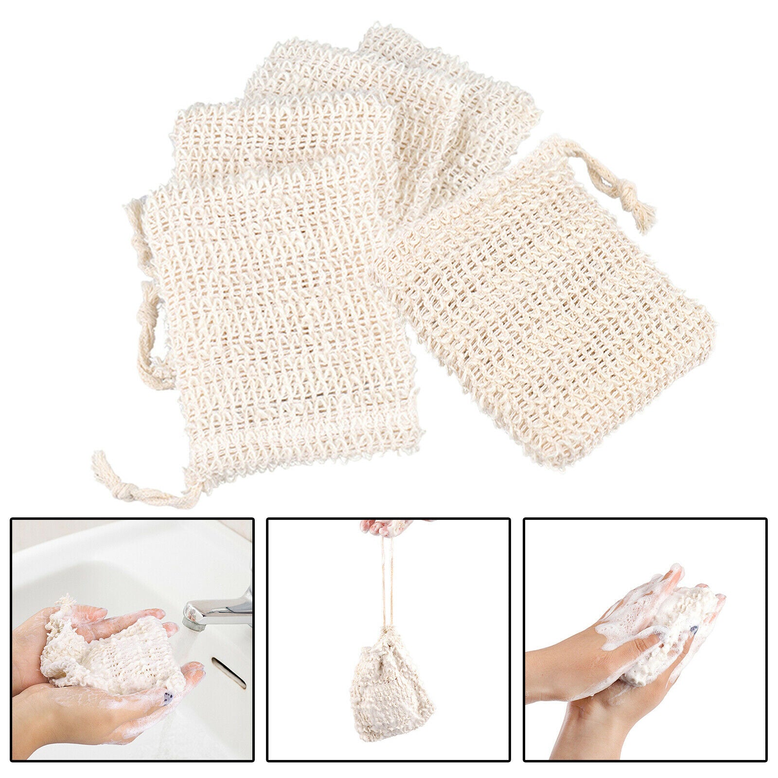 5x Natural Ramie Soap Holder Bag with Drawstring Hand Made for Bath & Shower