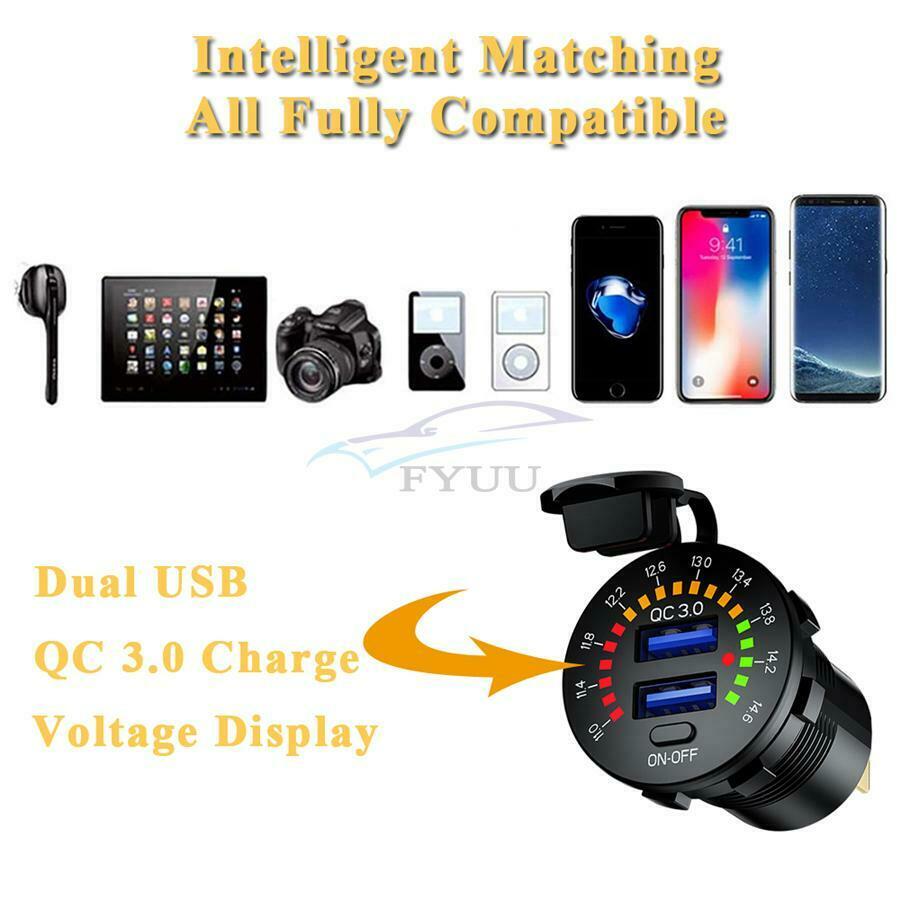 1PC QC 3.0 Car Dual USB Charger Adapter Black W/ LED Voltmeter Switch Waterproof