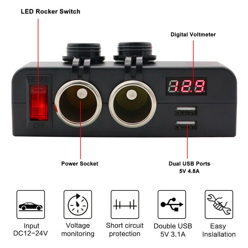 LED 12/24V Car Truck Fast Charger Socket Dual USB Port Voltmeter w/Rocker Switch