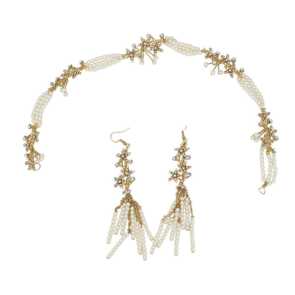 Women Bridal Hair Band Pearls Earrings Set Wedding Party Prom Headpiece