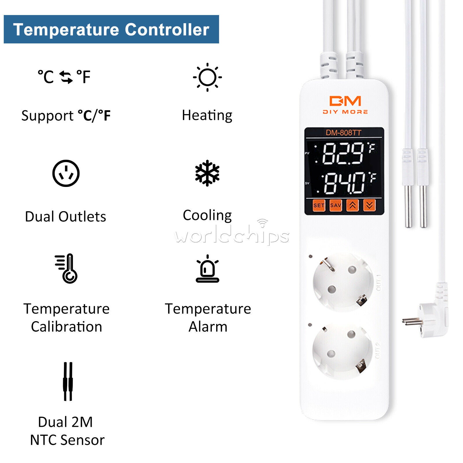DM-808TT AC 85-250V Dual Smart Temperature Controller Power Outlet Socket 10A