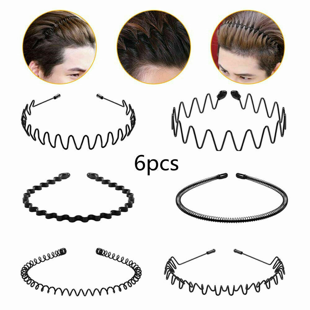 6PCS Metal Hair Headband Wave Style Hoop Band Comb Sport Hairband for Men Women