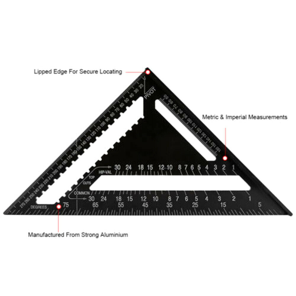 Aluminum Alloy Rafter Square 12" Triangle Ruler Protractor Miter Framing