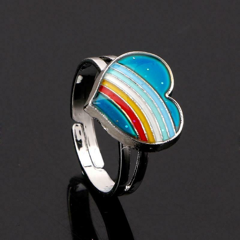 Rainbow Heart Mood Ring Temperature Emotion Feeling Rings Adjustable For Women