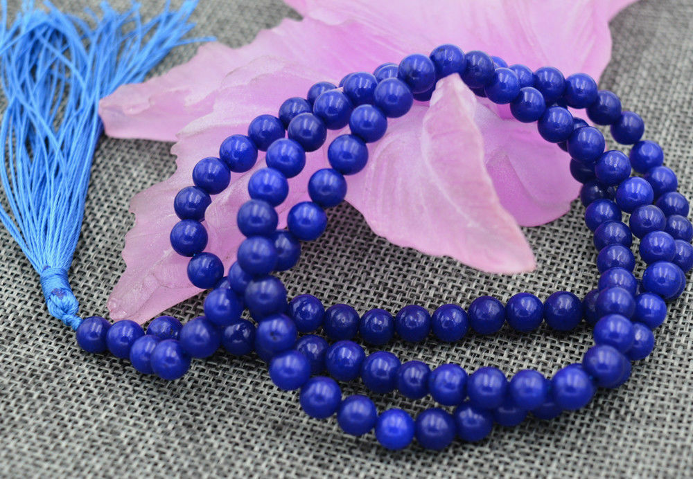 Natural 6mm stone Buddhist Blue Sapphire 108 Prayer Beads Mala Bracelet Necklace