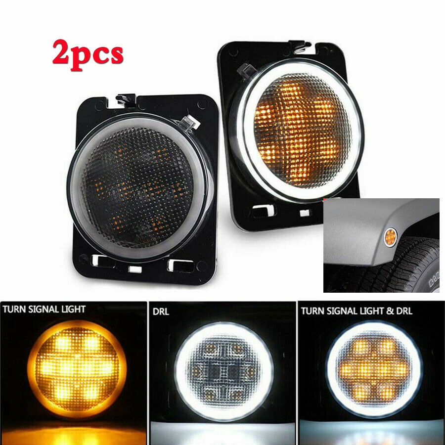 2x Car Front Fender Side Marker Light w/Halo Ring DRL For Jeep Wrangler JK 07-17