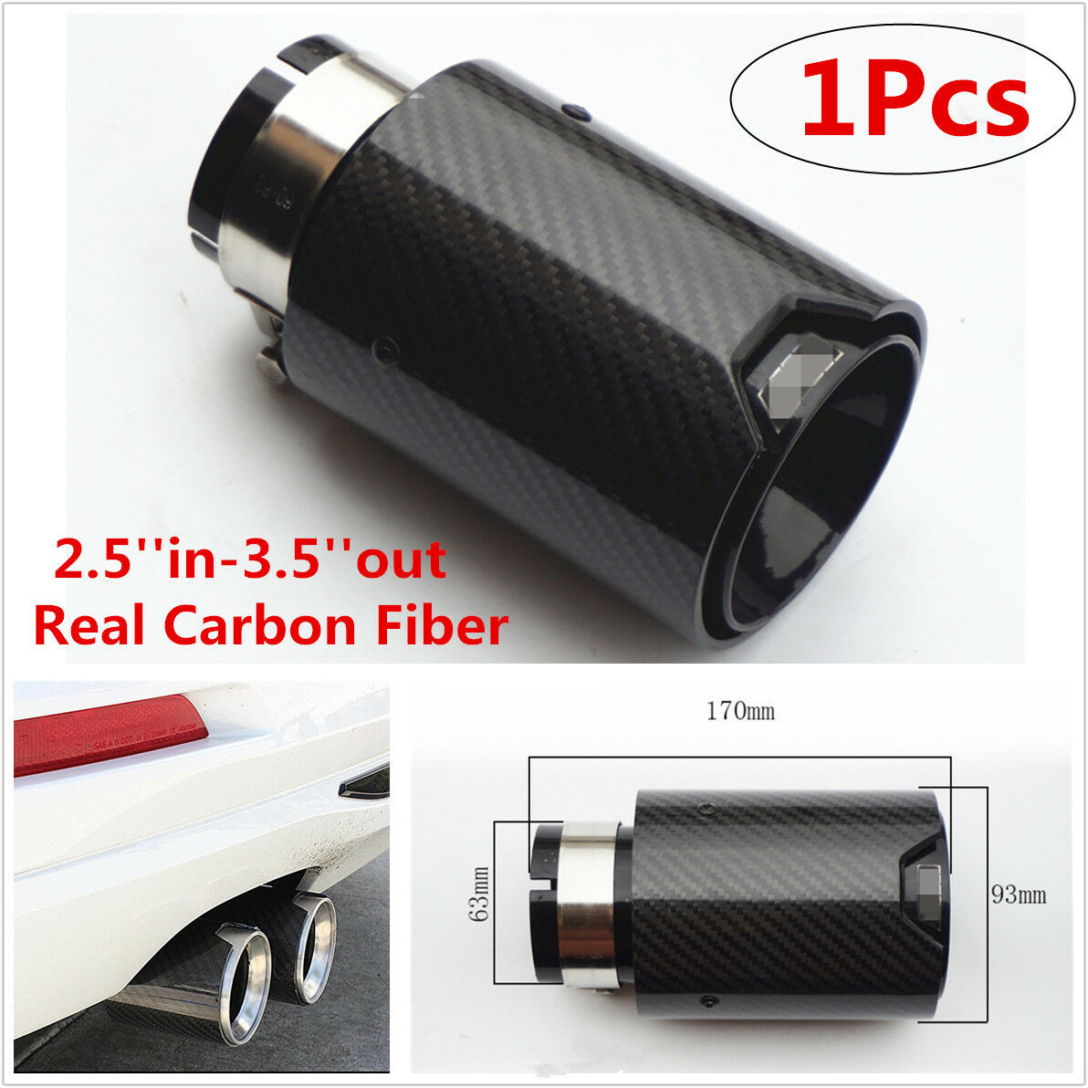 2.5'' in-3.5'' out Universal Car Real Carbon Fiber Exhaust End Tips Glossy Black
