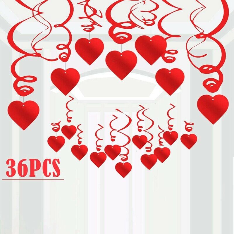 36PCS Valentine's Day Hanging Heart Swirls Decoration, Red Heart Hanging DecZ9X3