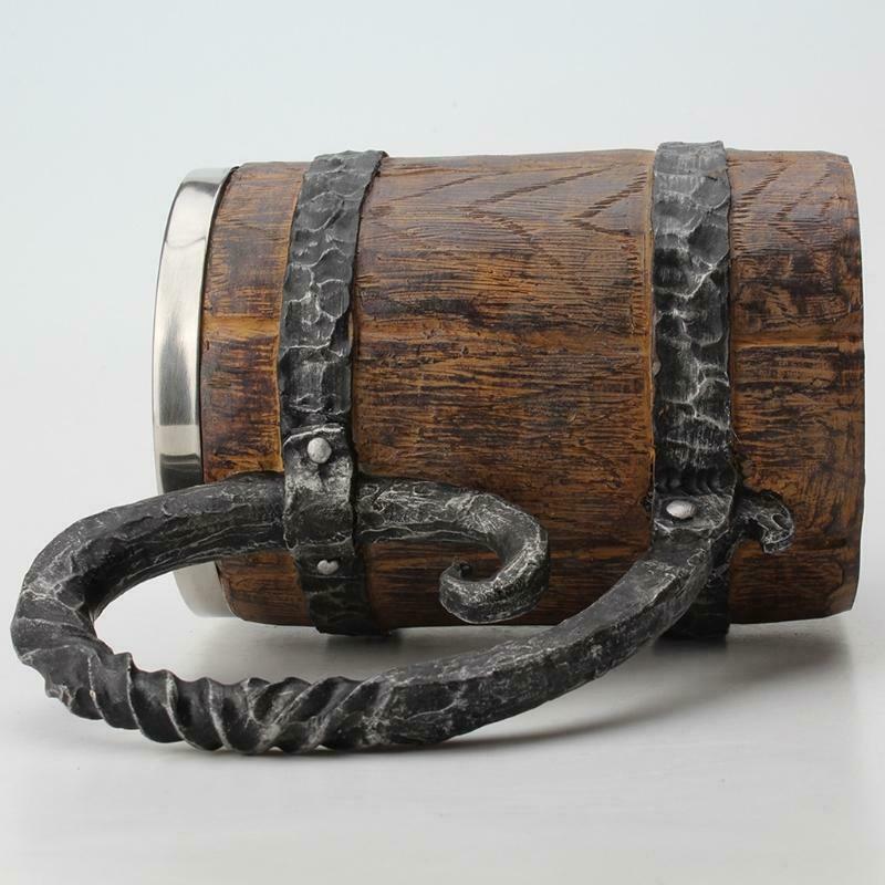 Wooden Barrel Beer Mug,Bucket Shaped Drinkware With Handle,Stainless Steel Doubl
