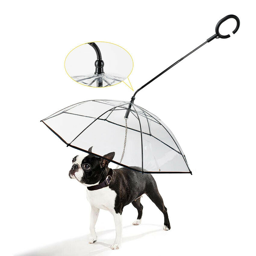 Pet Umbrella Built In Leash Dog Puppy Dry Walking Sleet Snow Rain Clear Plastic