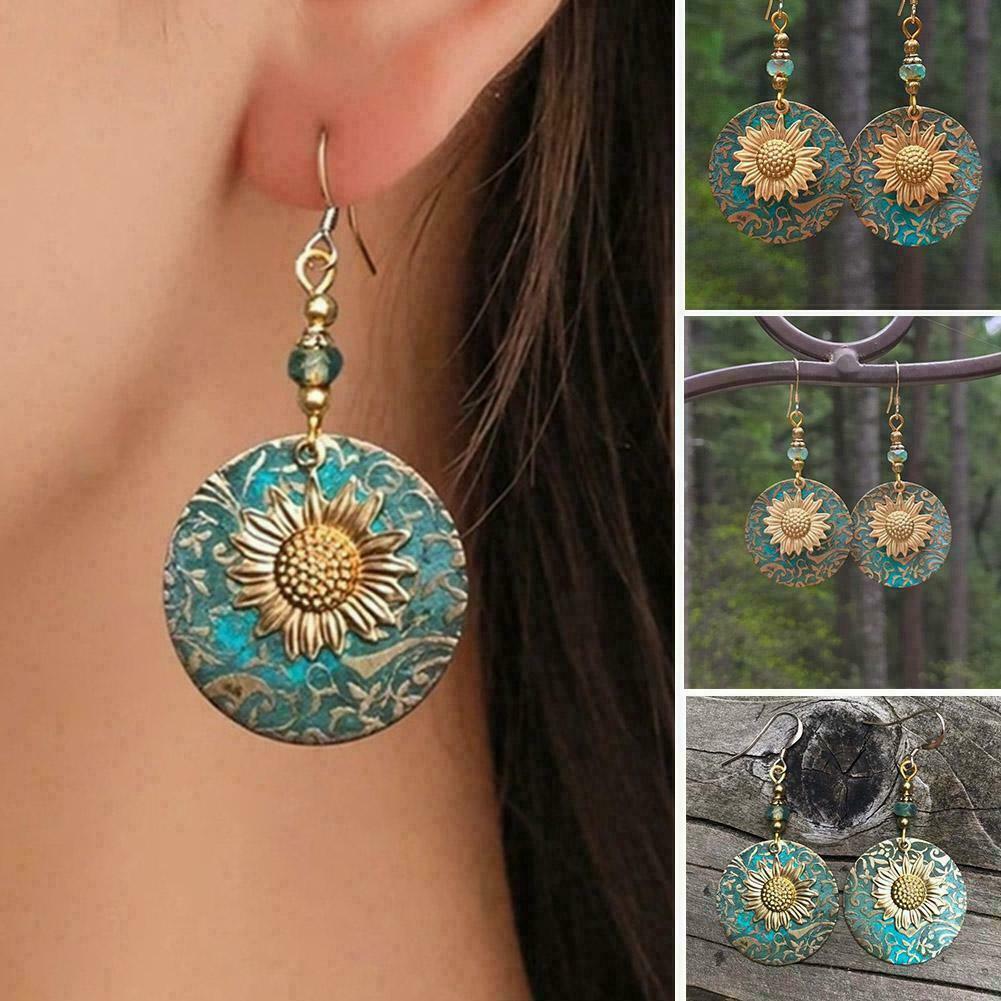 Double Sunflower Drop Dangle Earrings Ear Hook Charm Jewelry Women