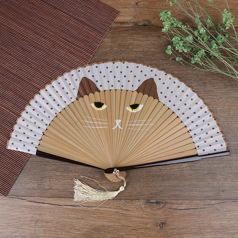 Summer Bamboo Folding Fan Hand Held Cartoon Cat Baking Varnish Fan Pocket Gif Tt