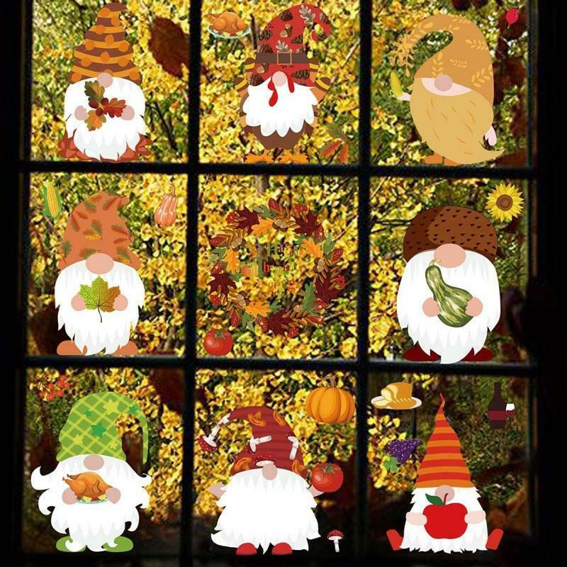9 Pcs Harvest Festival Window Cling Gnome Stickers Thanksgiving Maple Leaf Dwarf