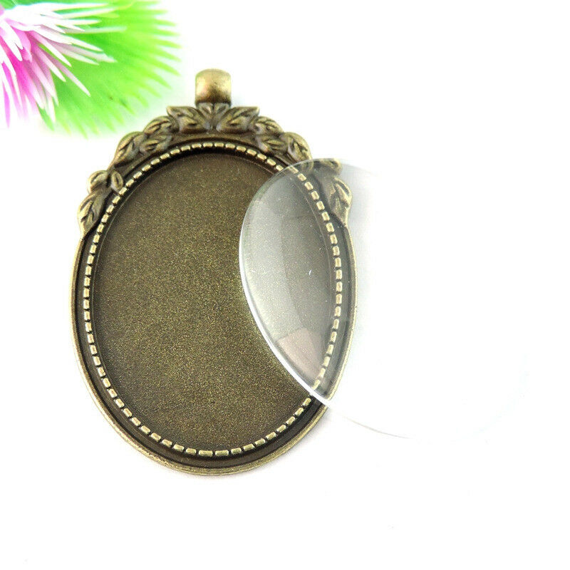 4 sets Alloy Antiqued Bronze Base and Glass Cabochon Wheat Bezel Pendant 40x30mm