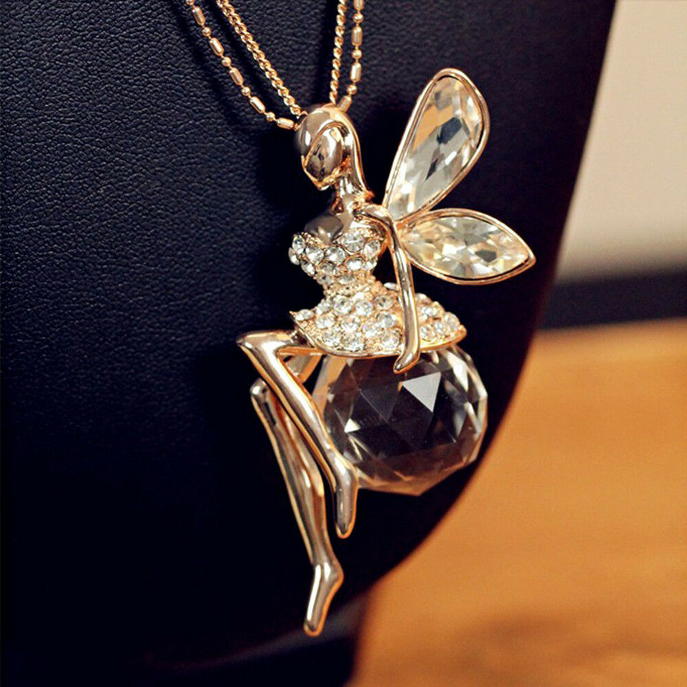 Charm Women Crystal Fairy Angel Wing Pendant Long Chain Sweater Necklace Gift JT