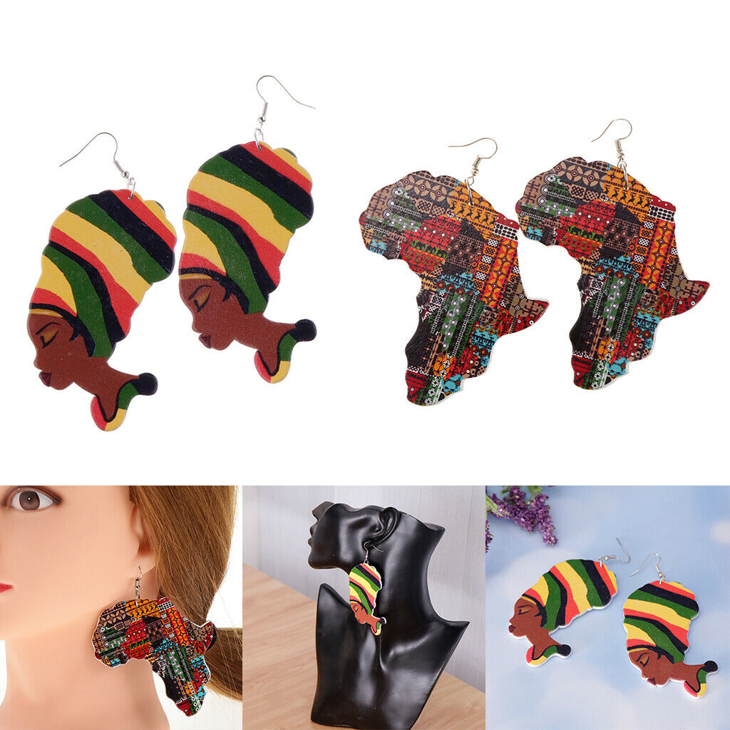 2Pairs Ethnic Natural wooden African Map Club Lady Women Dangle Earrings