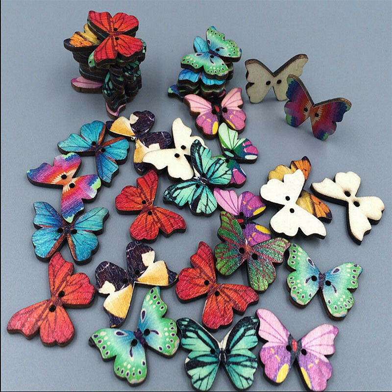 50x 2 Holes Mixed Butterfly Wooden Button Sewing Scrapbooking DIY Craft Tools