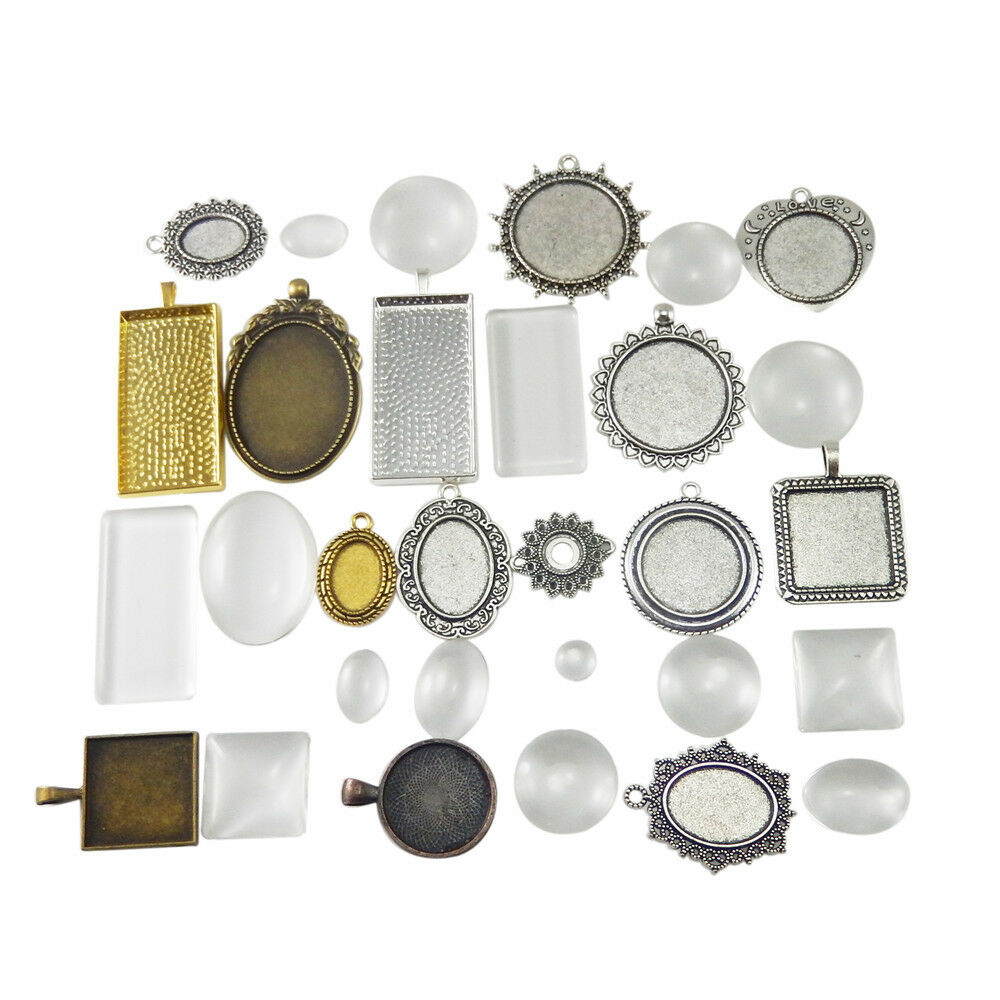 Lot of 15 Assorted Metal Bezels and Glass Cabochons Photo Making Pendants Retro