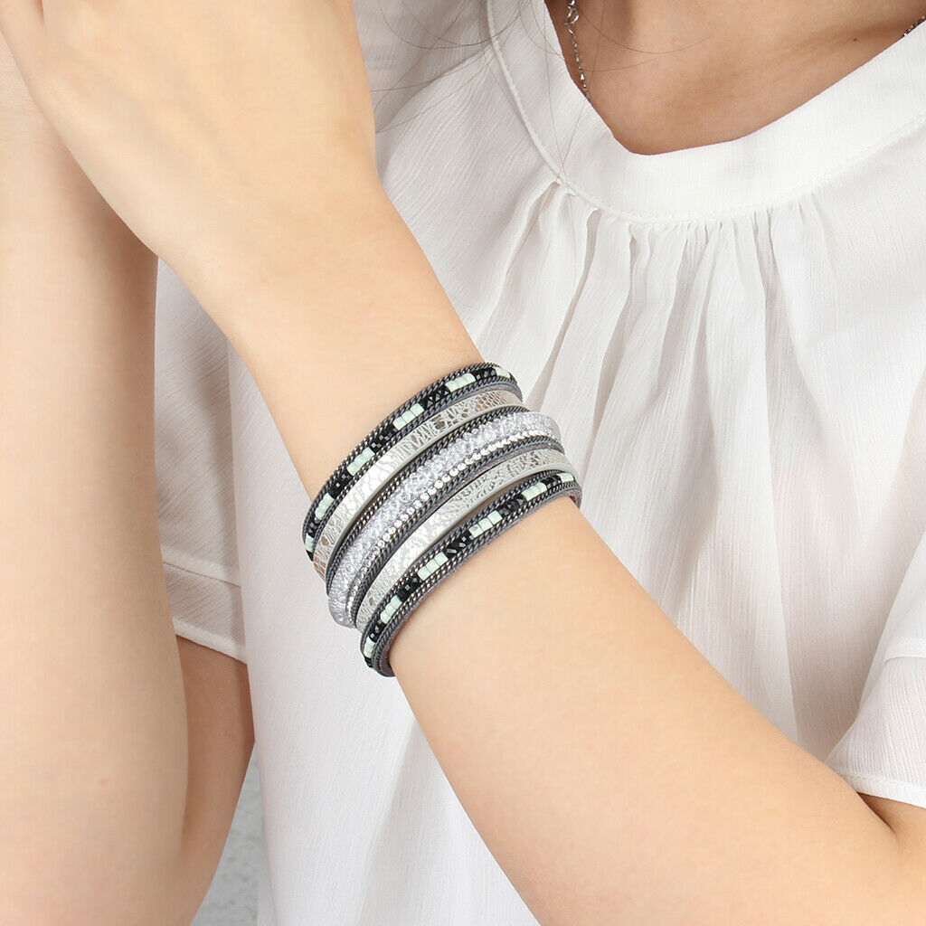 Punk Rock Wide Leather Men's Cuff Bangle Bracelet Crystal Net Band Grey