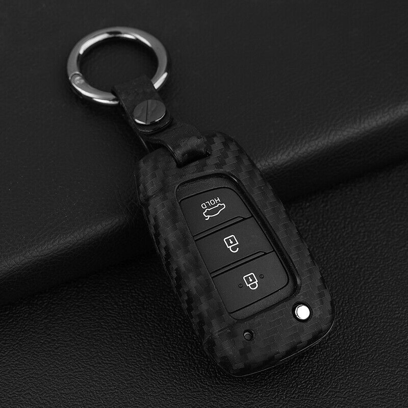Carbon Fiber Key Fob Chain Cover Case Ring For Hyundai Accent Santa Fe Veloster
