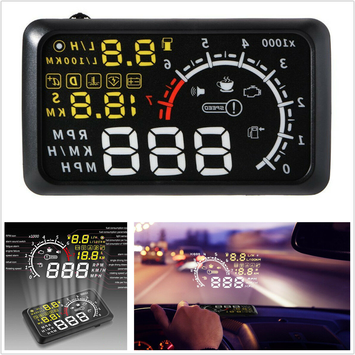 5.5" LCD Car OBD2 HUD Head Up Display Speedometers Engine Speed Driving Mileage