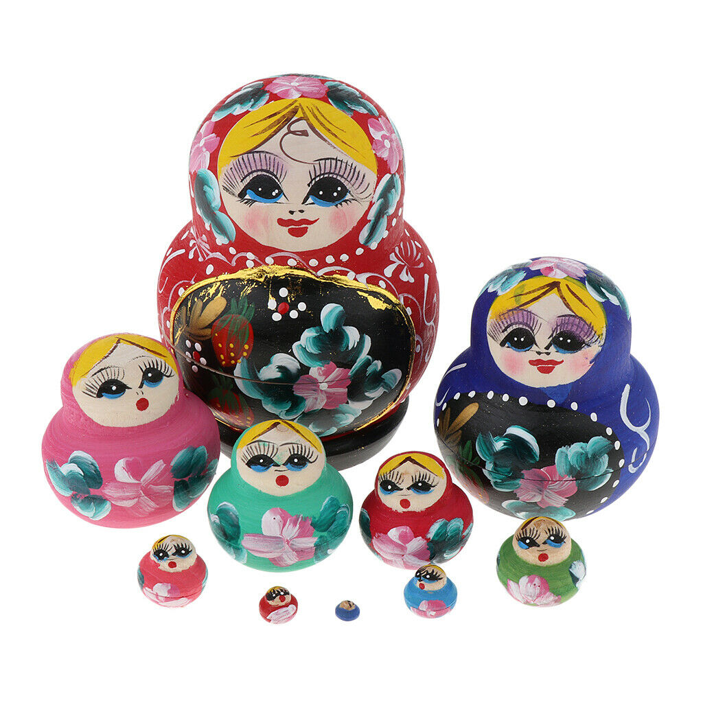 Set of 10 Pieces Hand Painted Colorful Girls Russian Babushka Matryoshka Nesting