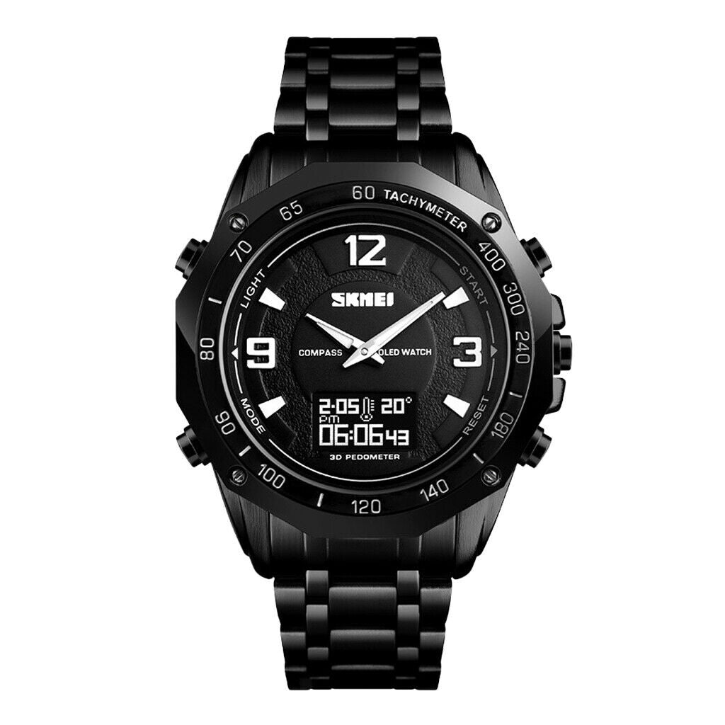 Men Steel Analog Digital Watch Led Sport Military Wristwatch Black