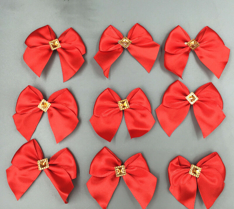 30pc Red Satin Ribbon Rhinestone Flowers Bows Gift Craft Wedding Decoration 50mm