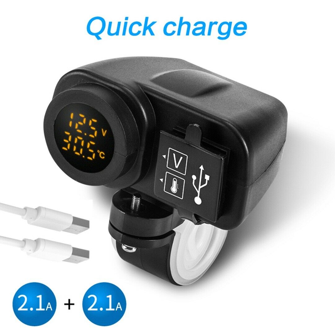 Cell Phone 2 Port USB Charger 2.1A+2.1A LED Voltmeter Thermometer For Motorcycle