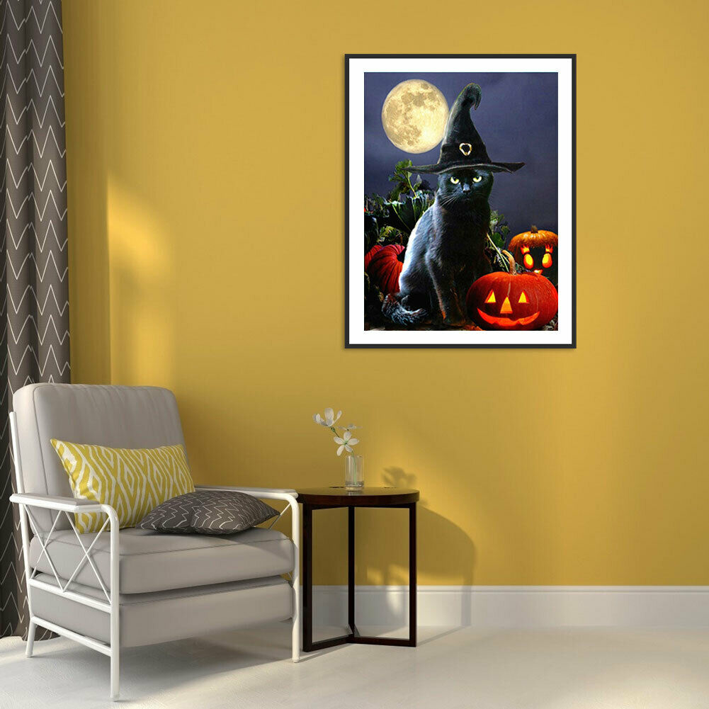 Halloween Black Cat 5D Full Drill Diamond Painting DIY Craft Cross Stitch @