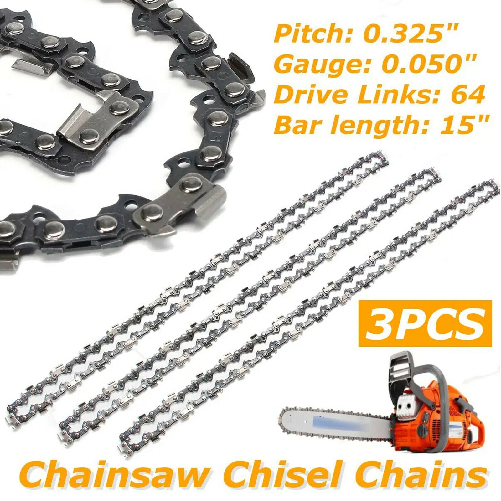 3pcs 15'' 3/8''LP 64DL Chainsaw Blade Saw Semi Chisel Chains for Husqvarnas Part