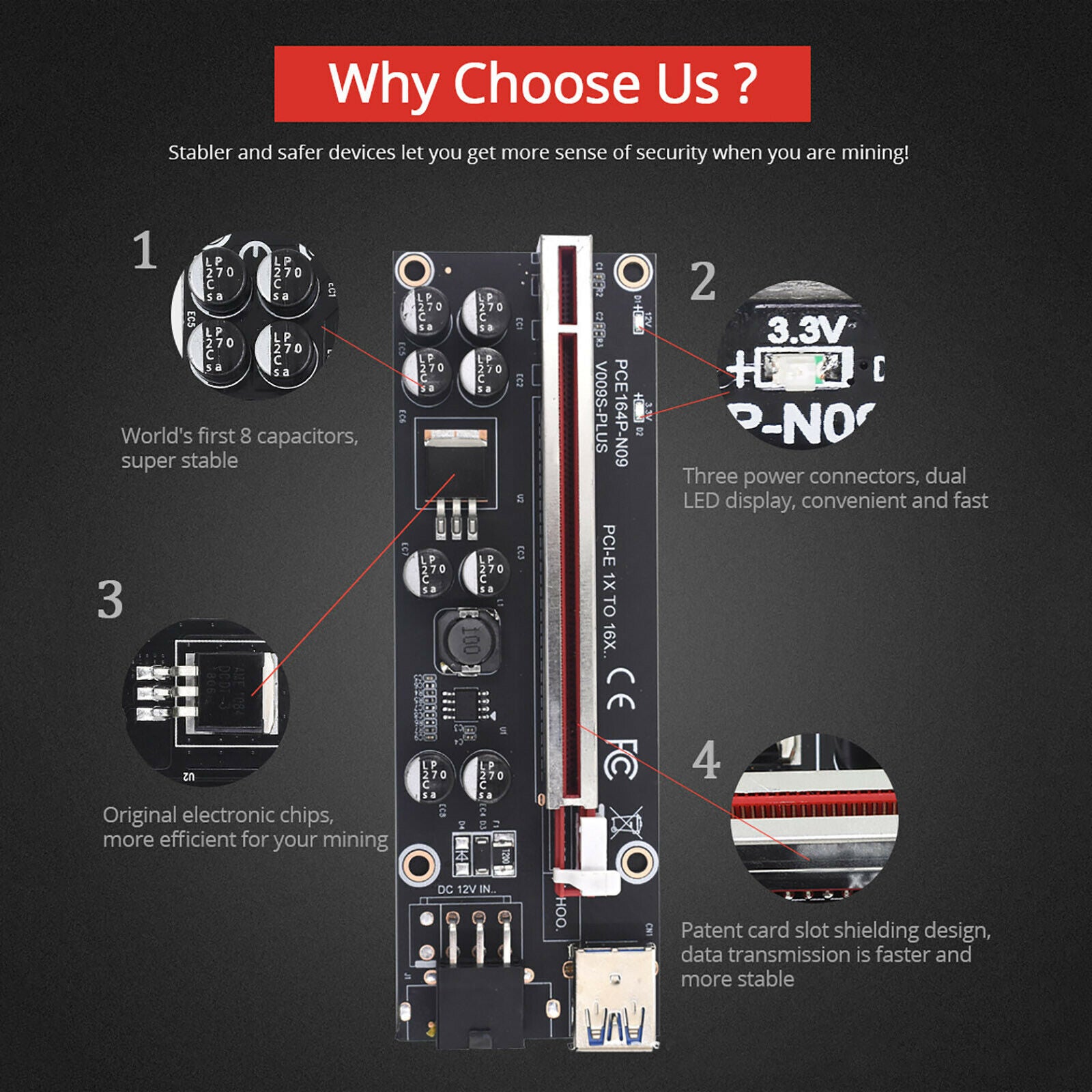 VER009S Plus Mining Super Verson PCIE 1X to 16X Capacitor Adapter Card Board